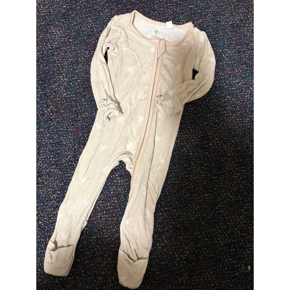 EF Kids Bamboo Rayon Bird Print Footie Sleeper Cream Beige 0-3M Zip Up Pajamas